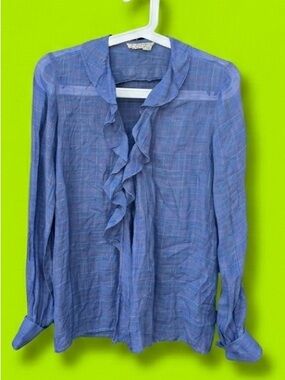 Vintage 70s Gucci Blue Checked Sheer Blouse with Pink Grid